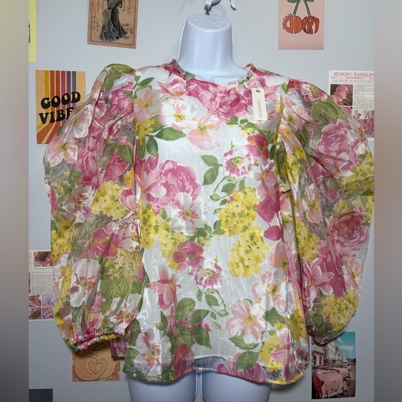 Olivaceous Tops - Olivaceous Sheer Floral Puff-Sleeve Blouse in Pink, Yellow & Green